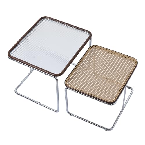 J.C.UP Square Coffee Table, Set of 2 Side Table Nesting Table with Steel Legs, Glass Rattan Top for Small Space/Living Room/Bedroom Balcony 60.5x54x51cm/55.5x47x40cm