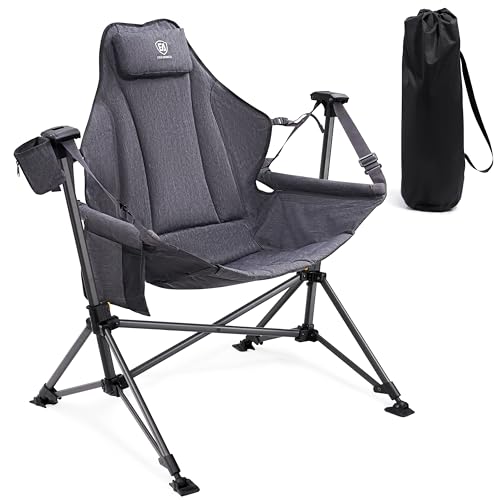 EVER ADVANCED Padded Hammock Camping Chair, Oversized Heavy Duty Swing Chair with Detachable Cup Holder, Portable Folding Rocking for Outdoor&Indoor, Support Up to 180kg, Grey