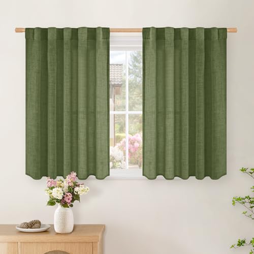 BGment Short Semi Sheer Olive Green Kitchen Curtains 36 Inches Long, Dark Green Linen Drapes Window Textured for Cafe Office Rod Pocket Back Tab Light Filtering, 2 Panel Set, 42 Inch Wide Each Panel