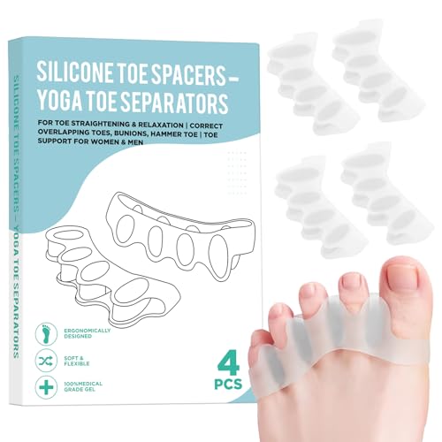 4 Pcs Silicone Toe Spacers â€“ Yoga Toe Separators for Toe Straightening & Relaxation | Correct Overlapping Toes, Bunions, Hammer Toe | Toe Support toe separators for Women & Men (Clear, 3.98)