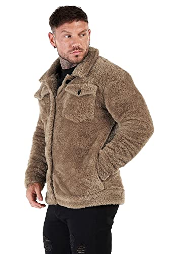 Image of GINGTTO Mens Furry Button-Up Jacket 4 Pockets Fluffy Coat For Men
