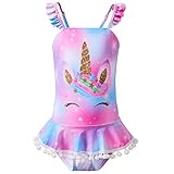 Diseño elegante: el traje de baño de una pieza es con correa de hombro con volantes, falda con volantes con adorables pompones. Patrones brillantes de unicornio y sirena, hace que tu niña destaque entre la multitud.