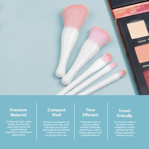 Image of Gleva Travel Size Mini Makeup Brushes Set with Mirror Small Complete Function Cosmetic 5 Pcs Brushes Kit Case Apply to Face Foundation Powder Concealers Eyebrow Eyeshadow (White (Shell Shape))