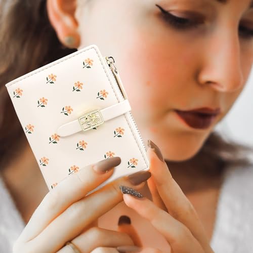 LJCZKA Wallet for Women - Flower Cute Wallet Card Holder for Girls Ladies Small Bifold Zipper Leather Wallet Short Purse (White)2