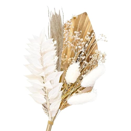 Dried Flowers for Cakes, Boho Cake Decorations with White Dried Flowers, Gold Palm Spear, Bunny Tails, Ruscus, Natural Cake Toppers for Wedding, Birthday, Party and DIY Crafts