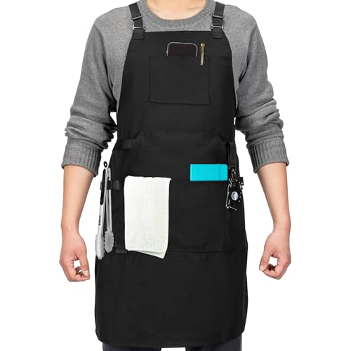 DFACKTO Canvas Chef Apron – Cross Back Straps Mens Apron for Butcher, Bartender, Grilling, BBQ, Kitchen, Workshop & Artist – Heavy Duty with Tactical Buckle, Multitool Card, & Large Pockets – Black