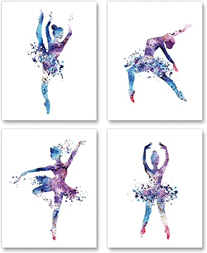 Image of Watercolor Ballet Prints Ballerina Dancers Wall Art Woman Dancing Decor Girls Room Women Bedroom Decor Colorful Poster Classroom Decoration Elegant Gift for Girls (8x10 inch，Set of 4，Unframed)