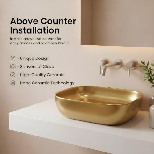 Image of VENICE Bathroom Vanity Sink Countertop Stylish & Durable Ceramic Tabletop Wash Basin Rectangular Vessel Bowl Metallic Golden Glossy Finish