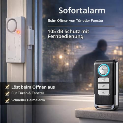 Hendun Kabelloser Tür-Alarm mit Fernbedienung, Diebstahlschutz-Fensteralarm, Kontaktsensoralarm...