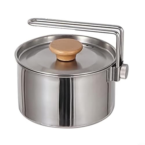 Sileduove Bouilloire de camping portable de 1 L en acier inoxydable pour randonnée, pique-nique, voyage, équipement de cuisine polyvalent avec large poignée et couvercle en bois de hêtre