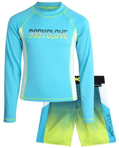 Body Glove Conjunto de camiseta de natación y traje de baño UPF 50+ para niños (4-12), Turquesa/lunares verdes, 10