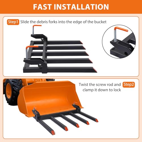 60" Clamp On Debris Forks, Clamp-On Pallet Fork 4000 Lbs Capacity Load Fit for Loader Bucket Skidsteer Tractor