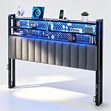 VINGLI Full Size Headboard Only, Adjustable Upholstered Headboard with 3 Tier Shelves and Pegboard with Charging Stations and LED Lights, Modern Bed Headboard with Storage for Bedroom Decor,Dark Gray
