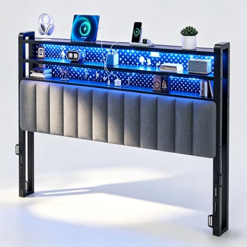 VINGLI King Size Headboard with Shelves and Lights