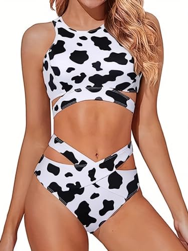Women Swimsuit Bikini Set Floral Scoop Neck High Waisted Two Piece Bathing Suit