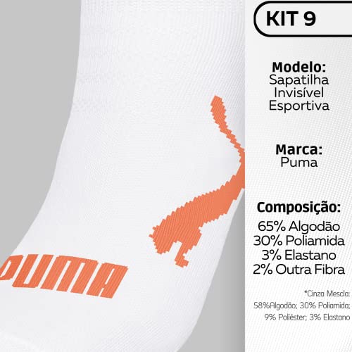 Kit 09 Pares Meias Puma Sapatilha Invisível | 3 Branco Laranja - 3 Cinza Mescla - 3 Preto | 39-43 |
