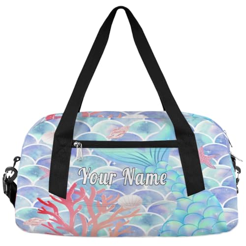 Personalized Kids Duffel Bag Ocean Mermaid Scale Tail,Custom Sport Gym Bag for Boys Girls,WWeekender Overnight Bags Travel Duffel Bag,Customized Kids Gift