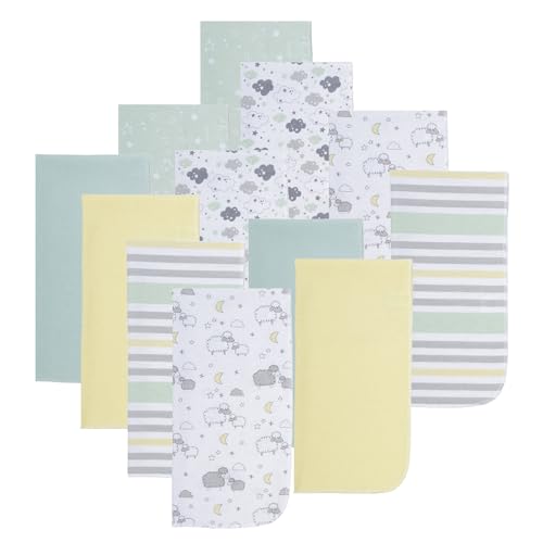Image of EVERYDAY KIDS 12 Pack Burp Cloths for Baby Boys and Girls - Sheeps, Clouds and Stars