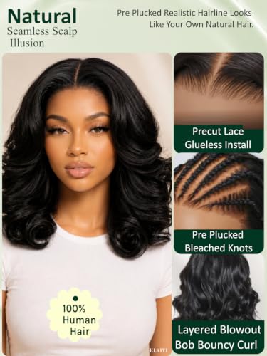 Image of KLAIYI Layered Blowout Bob Wavy Pre Cut 7x5 Lace Front Wigs Human Hair 14 inch