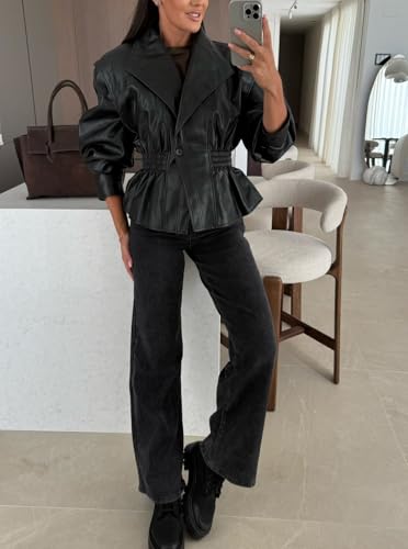 chouyatou Women 2025 Fall Shawl Collar Peplum Faux Leather Jacket Trendy Moto Dressy Casual Winter Coats4