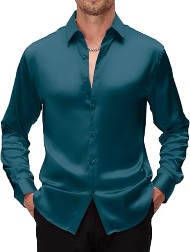 Image of CB-COLEBROOK Mens Stylish Solid Silk Satin Casual Dress Shirts for Men Shiny Long Sleeve Button Down Shirt Party Prom Wedding Shirt for Mens