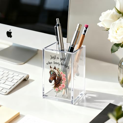 Image of Just A Girl Who Loves Horses Acrylic Pen Holder Cosmetic Organizer, Funny Horseback Riding Pen Pencil Holders for Desk, Equestrian Gifts Makeup Brush Organizer, Horse Lover Desk Accessories