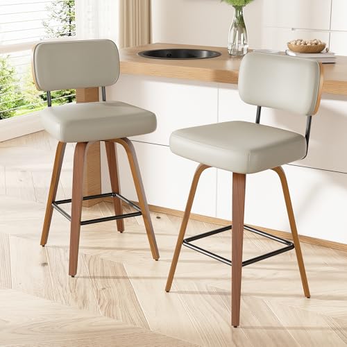 Image of Swivel Bar Stools Set of 1, 26 inch Upholstered Faux Leather Counter Height Barstools with Walnut Back & Bentwood Legs, Mid Century Modern Bar Chairs Island Stools for Kitchen Counter, Beige Grey