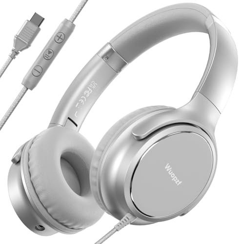 USB C Wired Over-Ear Headphones with Microphone, Volume Control, Share Port, and Adjustable Headband Foldable Stereo Headset for iPhone 16, Samsung, Laptop, Gaming, Travel by Wuopzf - Used condition - US$16.14