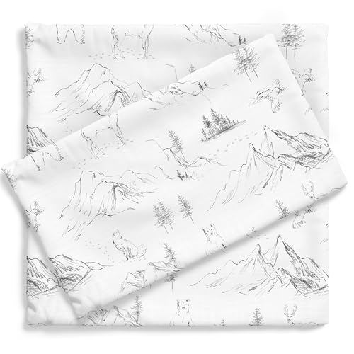 Image of Pobibaby Premium Twin Full Sheets Sets, Kids Double Bed Sheets in Cotton Blend | Ultra-Soft Woodland Camping Print with Fitted Sheet, Flat Sheet & Pillowcases (Twin Explore Monochrome)