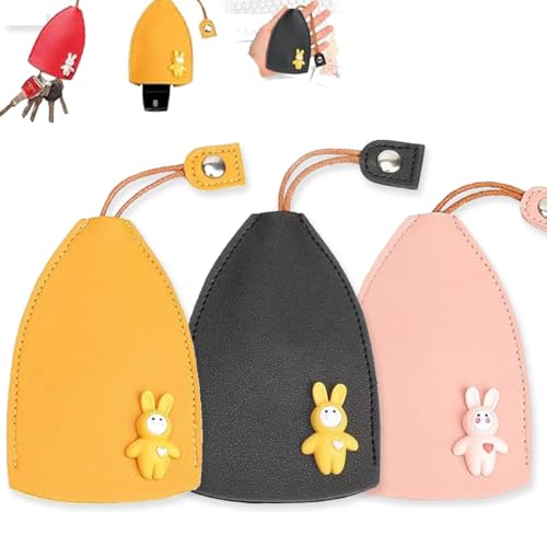 Custodia Protettiva per Chiavi, 3 Pezzi Cover Chiavi Auto Protezione in Pelle PU, Portatile Push-pull Cover Chiave Auto, Guscio per Chiavi Auto key holder (Coniglio, Rosa, giallo, nero)