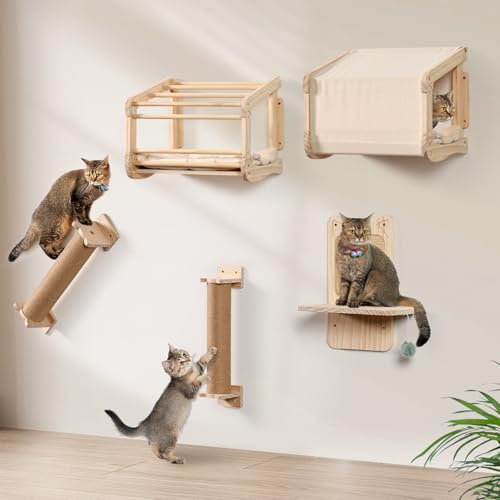 Kletterwand Katzen aus Echtholz für große Katze bis 25KG, LitaiL 5tlg Katzen Kletterwand Set, 2X Katzenbett mit Weiche Kissen | 2X Kratzsäule | 1x...
