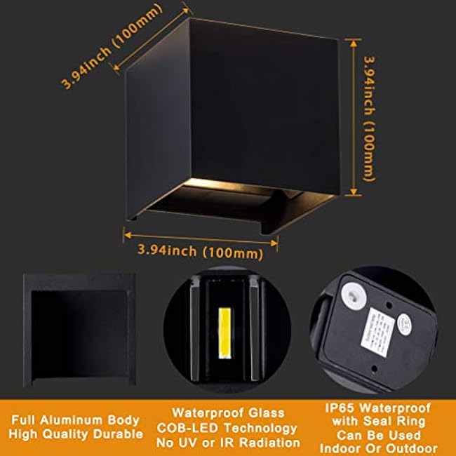 LANFU Outdoor Wall Sconce Outdoor Cube Square Wall Light 6W 3000K Black