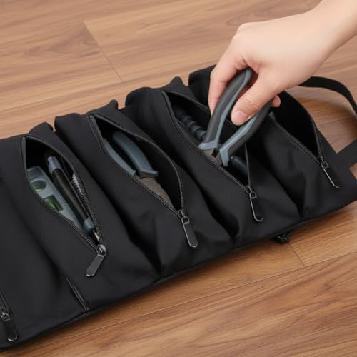 Image of STHIRA 5-in-1 Tools Bag, Tool Organizer Bag, Portable Roll-Up Canvas Tool Storage with Handle, Built-In 5 Zipper Pouches, Heavy Duty Compact Tool Roll for Wrenches, 48x28cm