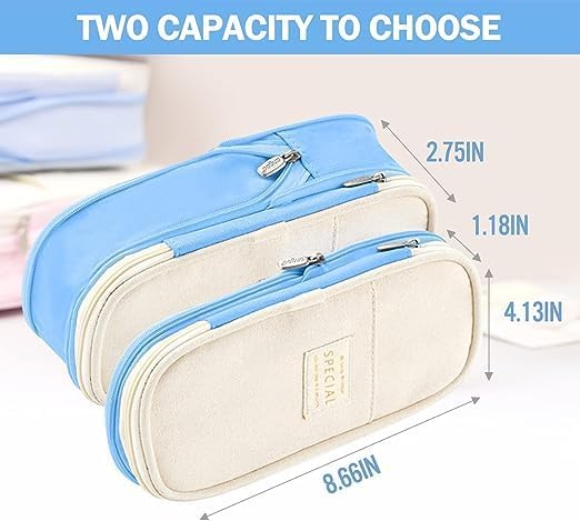 Image of Canvas School Bag Pencil Case, 3 Layer 6 Compartment Large Capacity, Aesthetic Pencil Pouch for Stationary, Cute Stationery for Kids, Pencil Case for Girls & Boys (Light Blue)