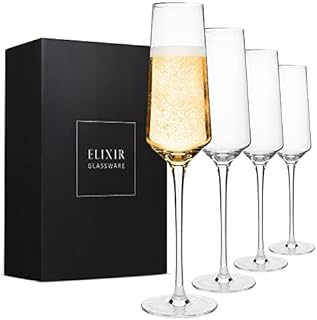 ELIXIR GLASSWARE Classy Champagne Flutes - Hand Blown Crystal Champagne Glasses - Set of 4 Elegant Flutes, 100% Lead Free Premium Crystal - Gift for Wedding, Anniversary, Christmas - 8oz, Clear