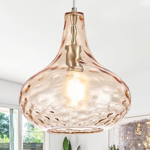 Image of 11 inch Amber Hammered Glass Pendant Light, Brushed Nickel, E26 | 11 inch amber hammered glass pendant light with brushed nickel finish, adjustable cord, E26 socket, ideal for kitchen islands