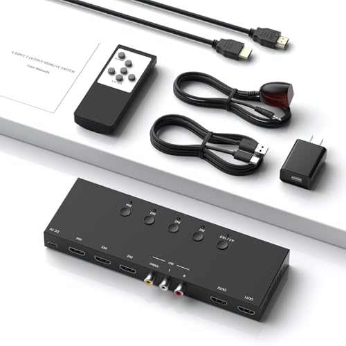 Image of Y.D.F (3 HDMI 2.0 + 1 RCA) to 2 HDMI Converter (4 In 2 Out, 2 Outputs Can Simultaneous Display) Switcher Splitter Support 4:3 /16:9 Switching for N64 NGC Wii Xbox PS2 /3 /4 /5 Switch Apple TV Fire TV Roku