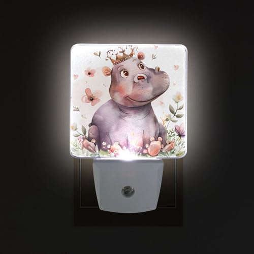 Image of Little Princess Hippo Night Lights 2 Pack Plug-in Wall Led Nightlight Auto Dusk-to-Dawn Sensor Lamps for Bedroom Kitchen Bathroom