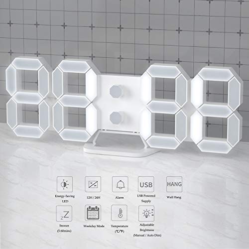 3D-LED-Desk-Digital-Wall-Alarm-Clock-97-Inch-Decorative-Home-Easy-Operated-Silent-Snooze-Temperature-Auto-Dimmer-USB-Non-Battery-Nightlight-for-RoomOfficeBedroomKitchenSchool-Cool-White