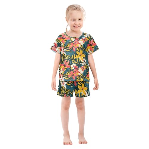 ALAZA Tropical Floral Palm Leaves Yellow Pajamas Short Sleeve 2 Piece Sleepwear Top and Bottom Pajama Set Unisex3