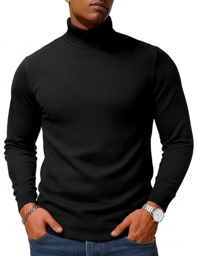 TACVASEN Mens Jumper Turtle Neck Tops for Men Causal Knitted Work Jumper Slim Fit Winter Thermal Pullover Sweaters Black S