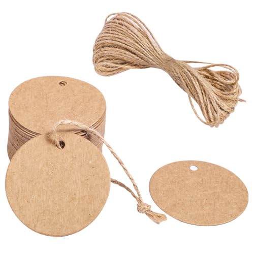 100 Pièces Etiquettes en Papier Kraft Rond, Diametre 5cm Etiquette Kraft avec Ficelle Jute de 20m...