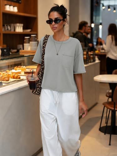 Image of ATHMILE Womens Crop Tops Workout Shirts Gym Oversized Spring Summer Basic Tees Short Sleeve Casual Loose Drop Shoulder 2026