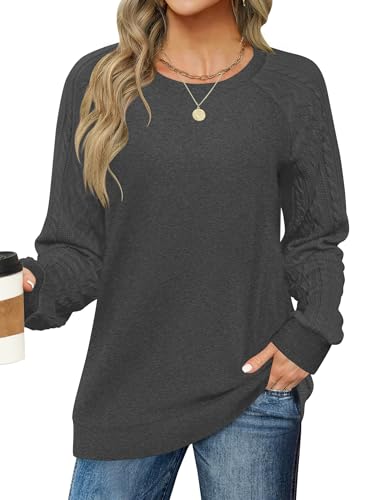 Image of LOMON Long Sleeve Shirts for Women Dressy Casual Crewneck Cable Knit Sleeve Sweaters Lightweight Pullover Tunic Tops