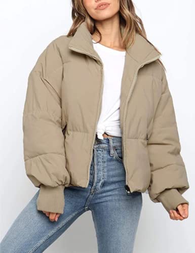 Internos Women's Winter Stand Collar Zip Puffer Jacket Baggy Short Padded Down Coats(0128-Khaki-S) #TOP1
