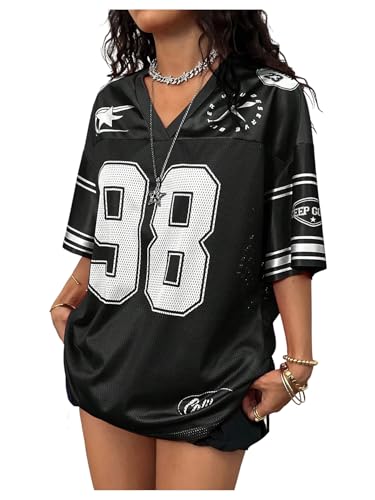 Milumia Women's Number Graphic V Neck Short Sleeve Mesh Jersey T Shirt Y2k Drop Shoulder Oversize Tee Tops