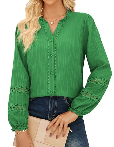 Image of GRACE KARIN Ladies V-Neck Button Up Shirt Long Sleeve Elegant Formal Christmas Blouses Shirts Evening Tops Size 14 M Green