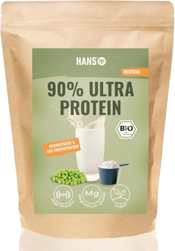 HANS Brainfood 90% Bio ULTRA fermentiertes Erbsenprotein Pulver cremig 1kg neutral - Veganes Proteinpulver cremig Mit Optimalem Aminosäurenprofil & Gut löslich - Bio Protein Pulver (1000g)