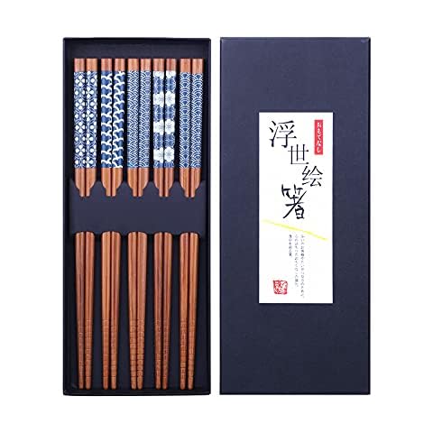 HAUTOCO 5 Paar Japanischer Stil Bambus Essstäbchen Wiederverwendbar Essstäbchen mit Box, Spülmaschinenfest Essstäbchen, 22,5 cm Cover
