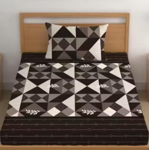 Geometric Print Double Bedsheet with Pillow Cover, Black, Grey and White, Triangular Pattern (BLA, Single)-image-49
